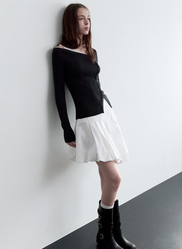 Wool Blended Cut Out Button Knit Charcoal