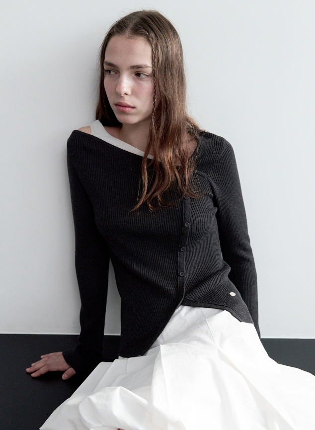 Wool Blended Cut Out Button Knit Charcoal
