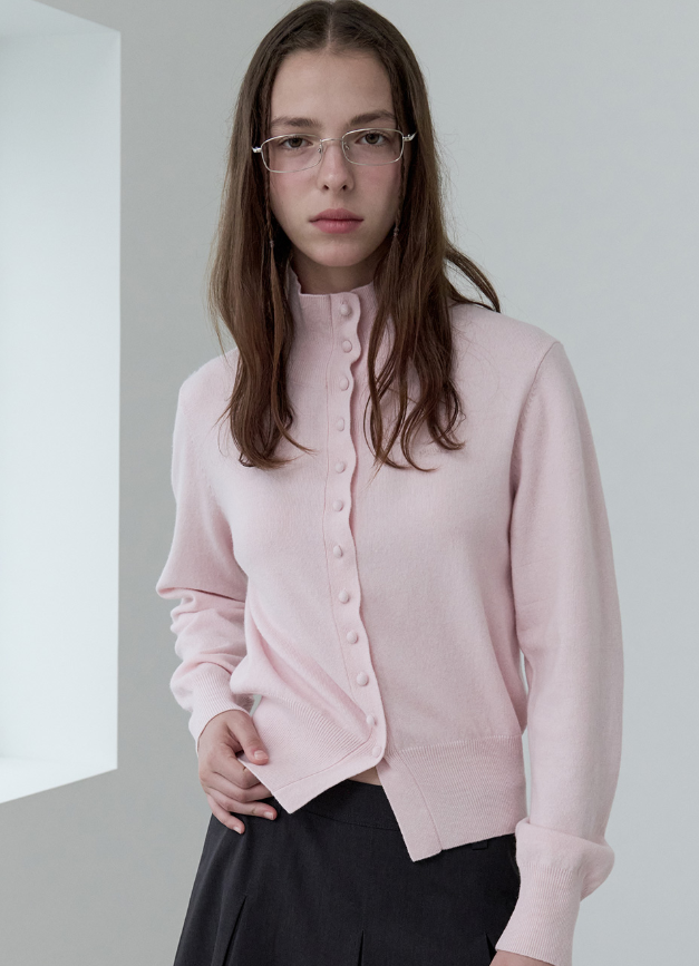 Wool Blended High Neck Knit Cardigan Pink