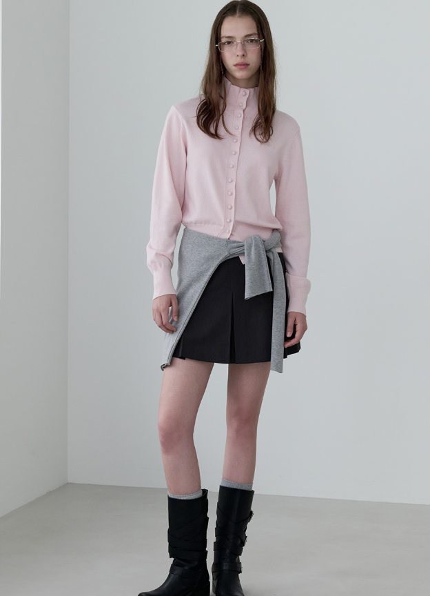 Wool Blended High Neck Knit Cardigan Pink