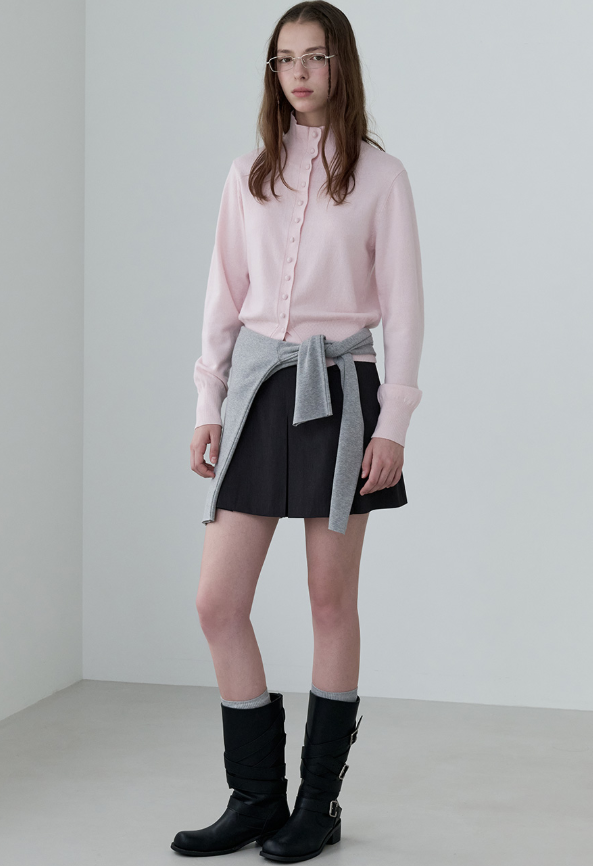 Wool Blended High Neck Knit Cardigan Pink