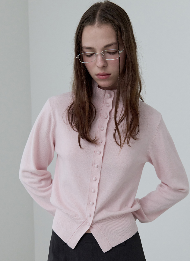 Wool Blended High Neck Knit Cardigan Pink