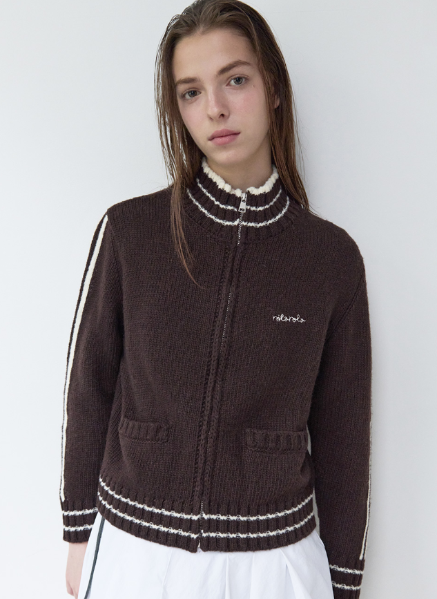 Maison De Rola Embroidery Wool Blended Knit Zip Up Brown