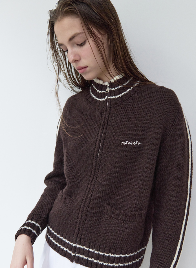 Maison De Rola Embroidery Wool Blended Knit Zip Up Brown