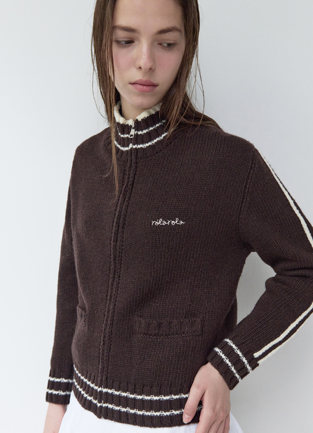 Maison De Rola Embroidery Wool Blended Knit Zip Up Brown
