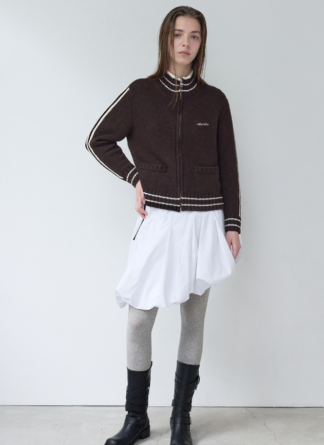 Maison De Rola Embroidery Wool Blended Knit Zip Up Brown