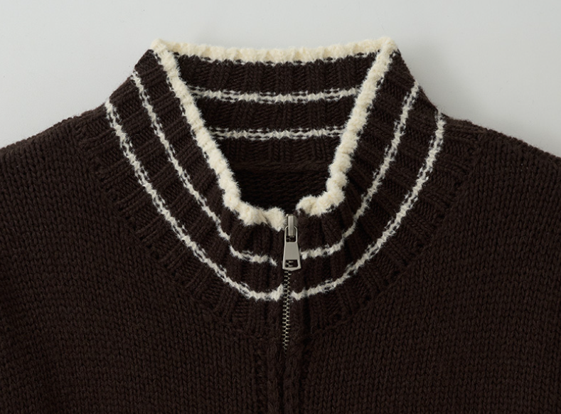 Maison De Rola Embroidery Wool Blended Knit Zip Up Brown