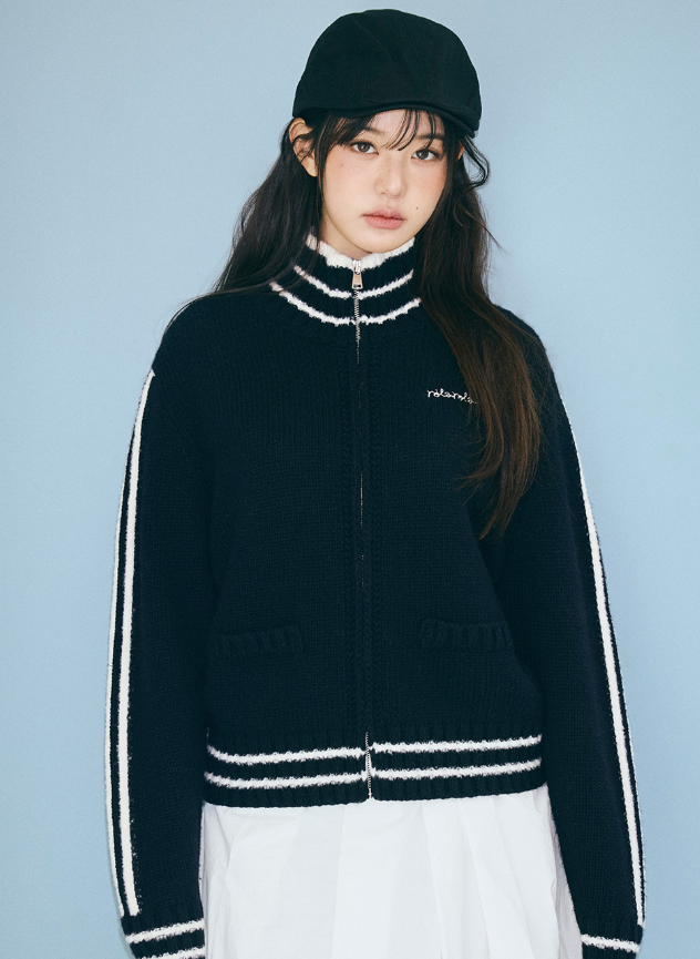 Maison De Rola Embroidery Wool Blended Knit Zip Up Black