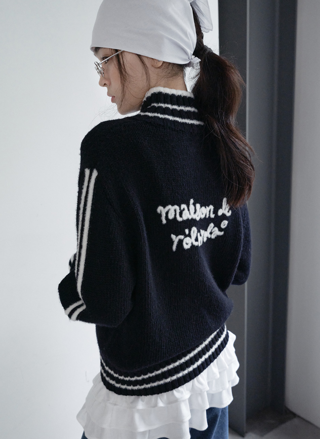 Maison De Rola Embroidery Wool Blended Knit Zip Up Black