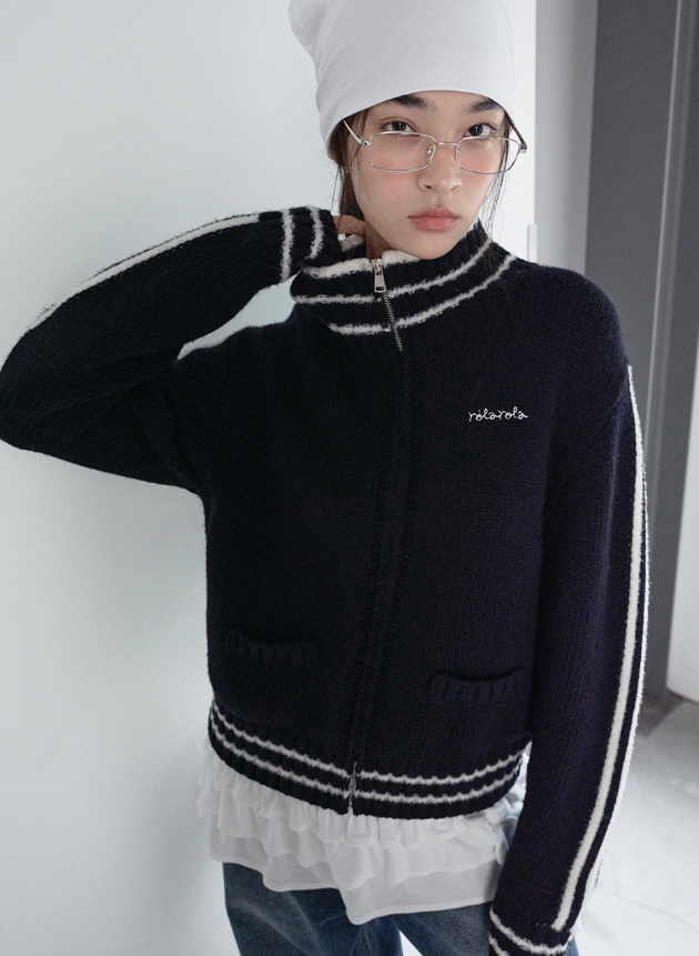 Maison De Rola Embroidery Wool Blended Knit Zip Up Black