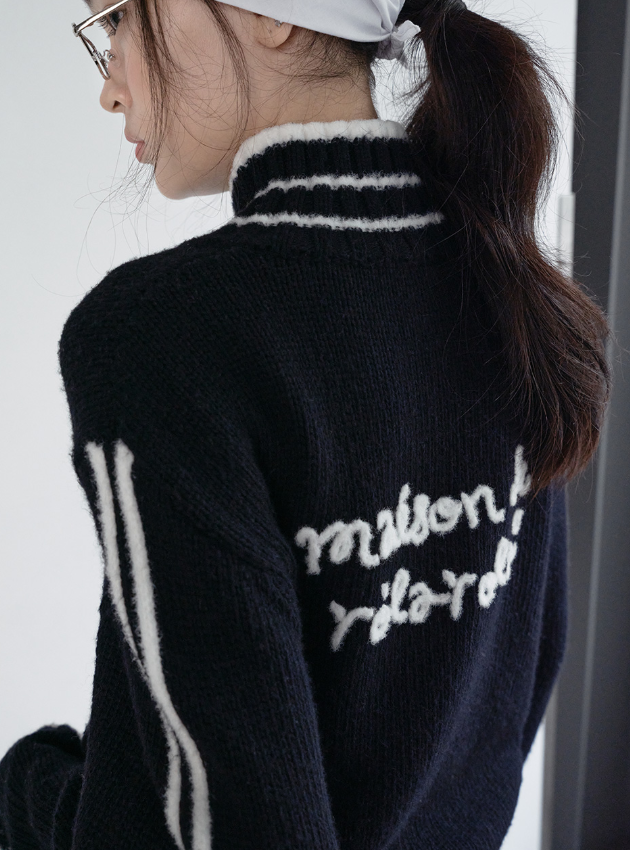 Maison De Rola Embroidery Wool Blended Knit Zip Up Black