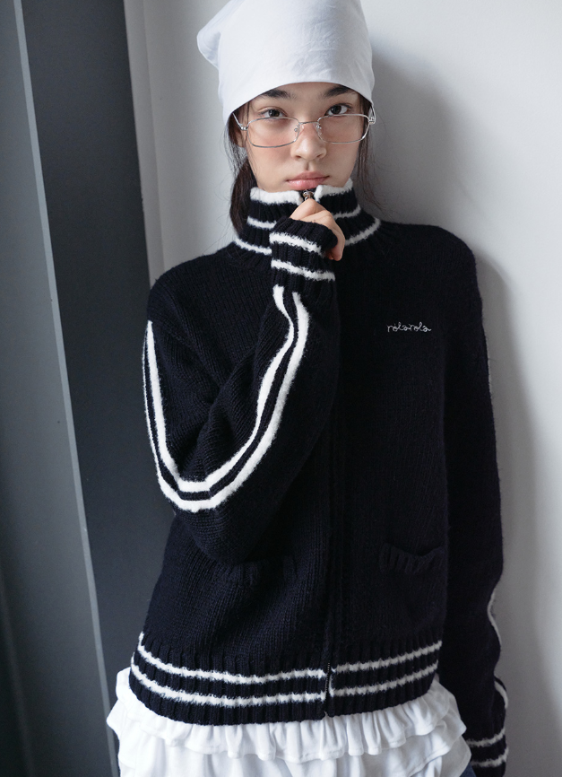 Maison De Rola Embroidery Wool Blended Knit Zip Up Black