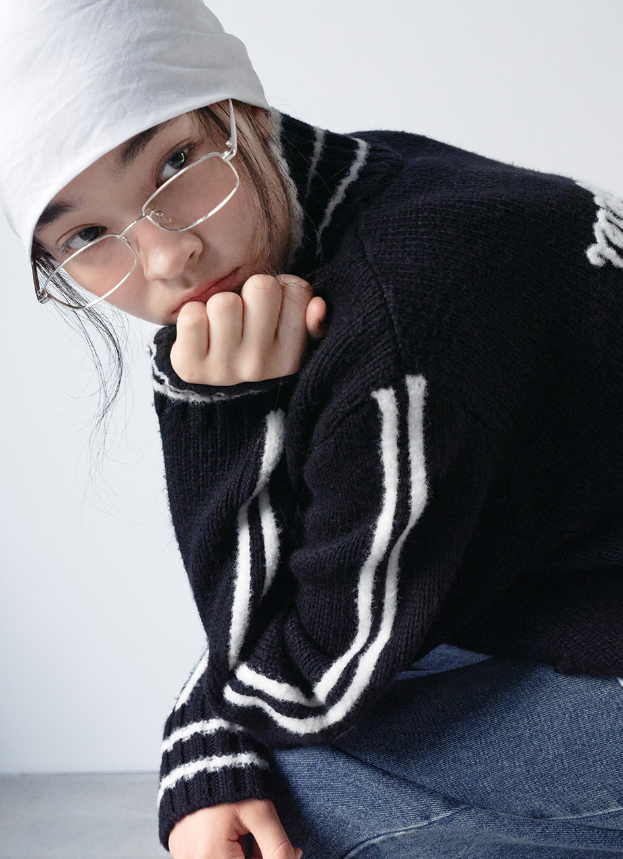 Maison De Rola Embroidery Wool Blended Knit Zip Up Black