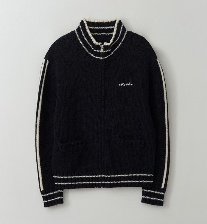 Maison De Rola Embroidery Wool Blended Knit Zip Up Black