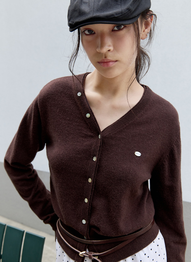 Wool Blended V Neck Cardigan Brown