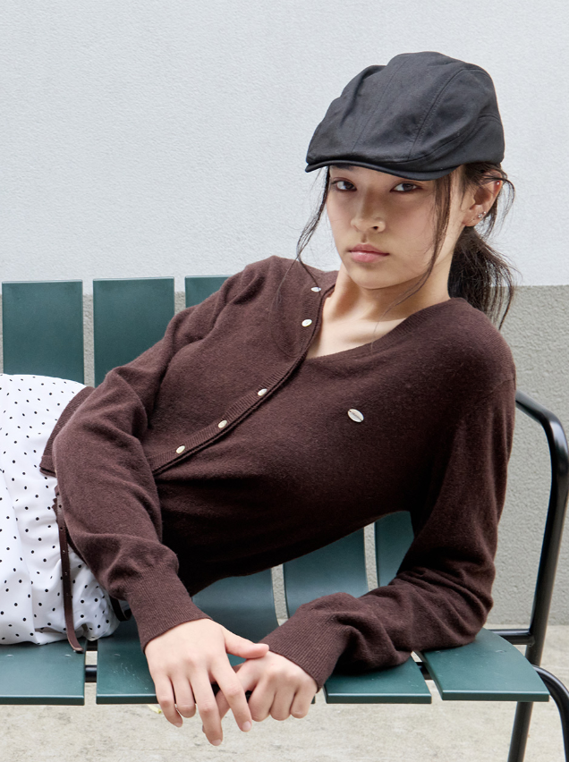 Wool Blended V Neck Cardigan Brown