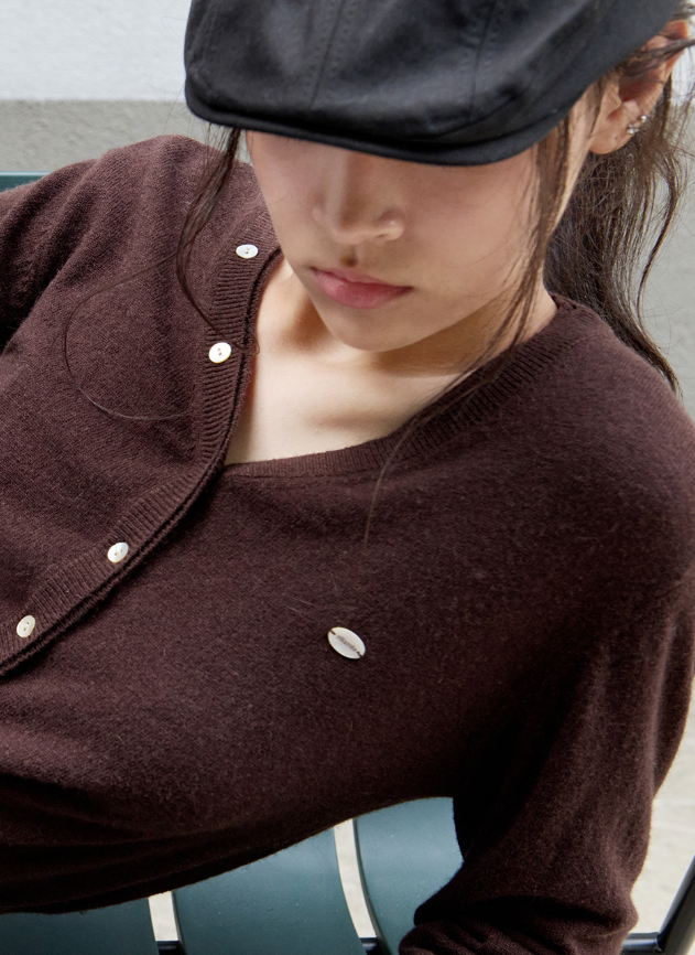 Wool Blended V Neck Cardigan Brown