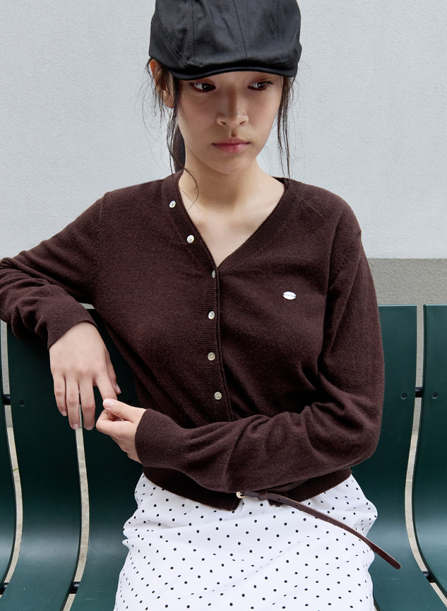 Wool Blended V Neck Cardigan Brown