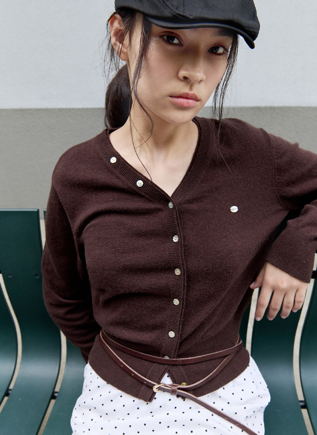 Wool Blended V Neck Cardigan Brown