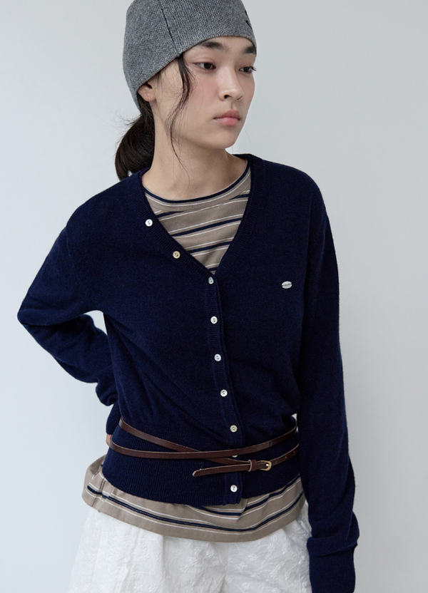 Wool Blended V Neck Cardigan Navy