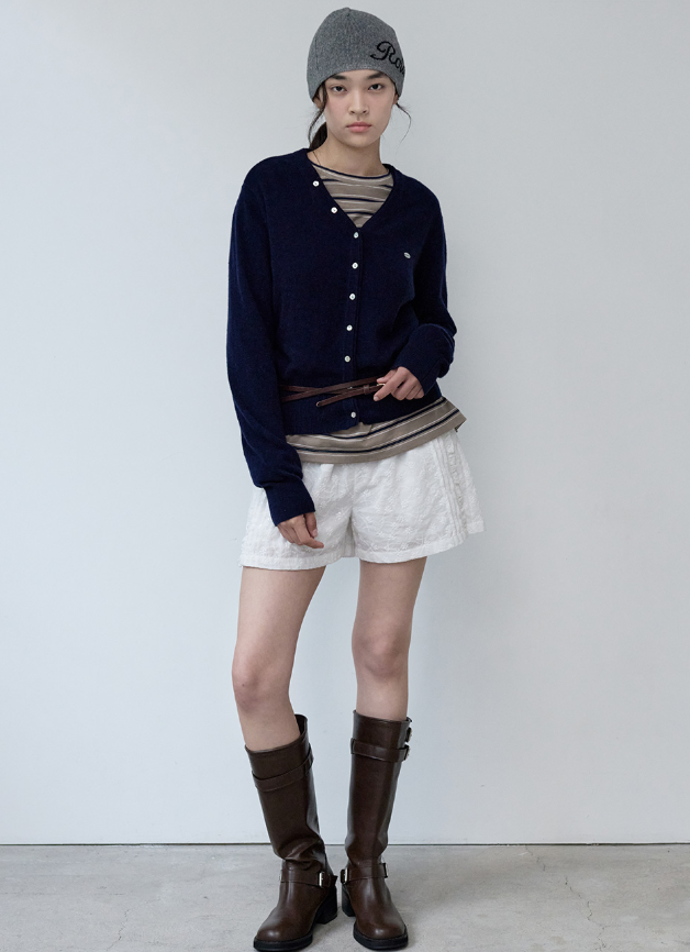 Wool Blended V Neck Cardigan Navy