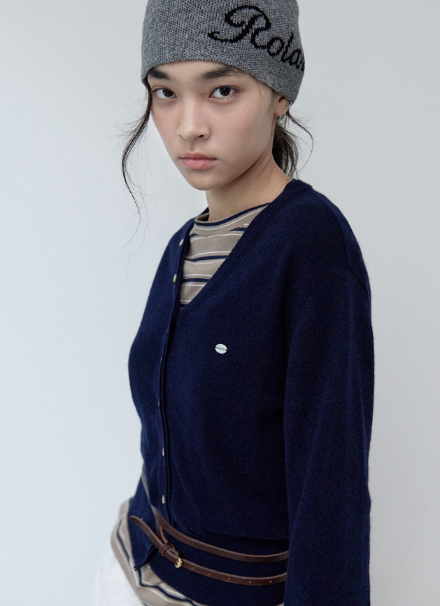 Wool Blended V Neck Cardigan Navy