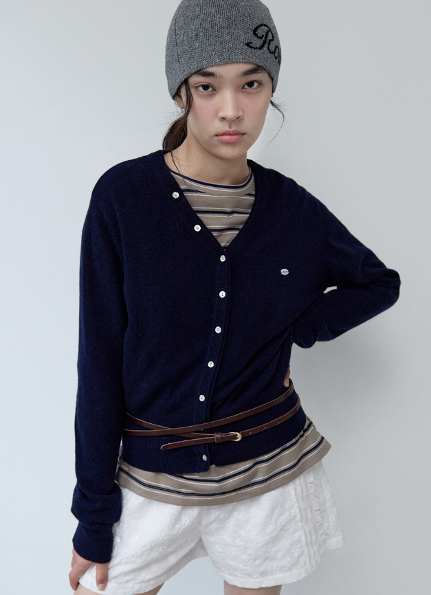 Wool Blended V Neck Cardigan Navy