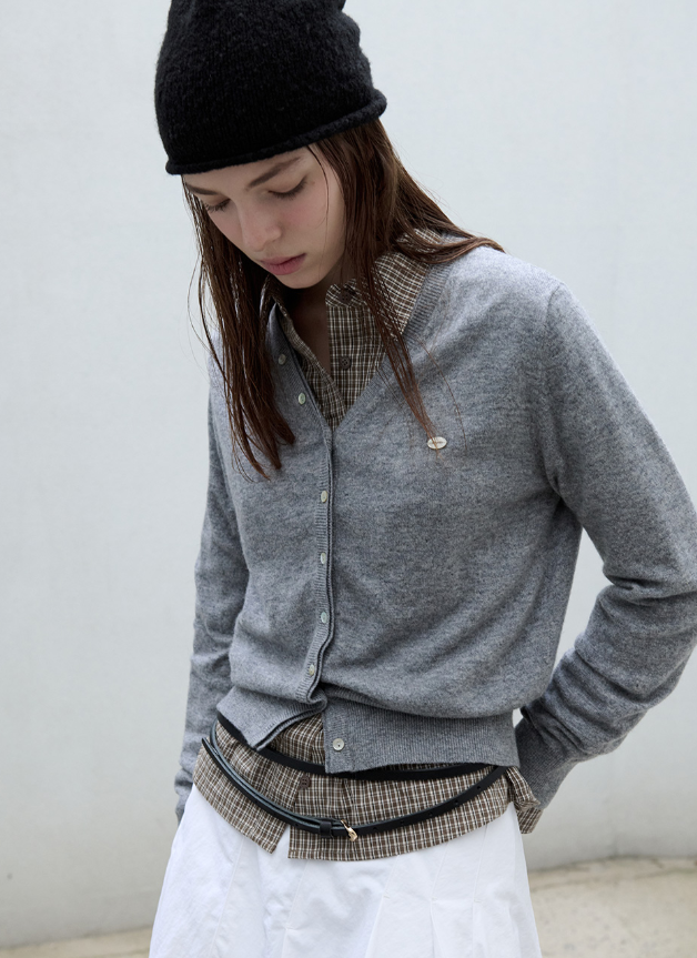 Wool Blended V Neck Cardigan Grey