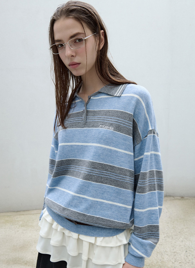 Alpaca Stripe Collar Knit Blue