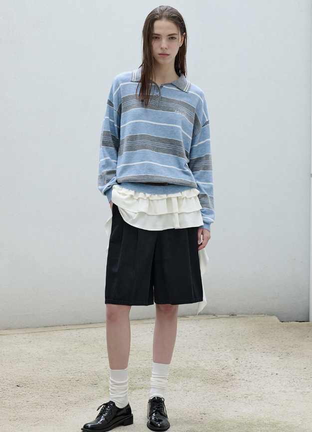 Alpaca Stripe Collar Knit Blue