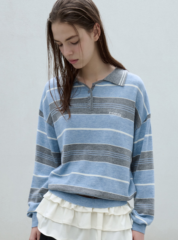 Alpaca Stripe Collar Knit Blue