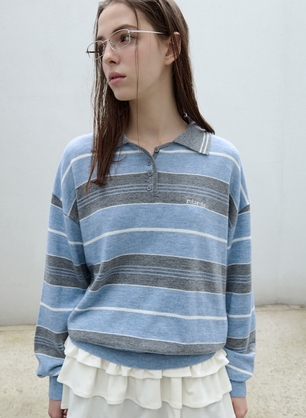 Alpaca Stripe Collar Knit Blue