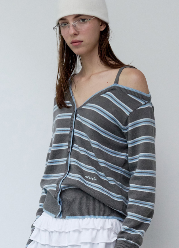 One Off Shoulder Stripe Cardigan Grey