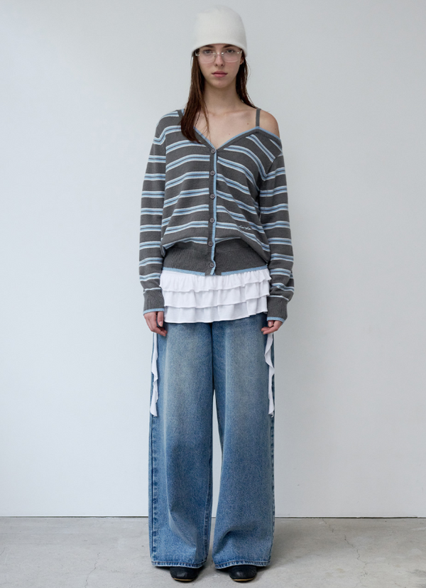 One Off Shoulder Stripe Cardigan Grey