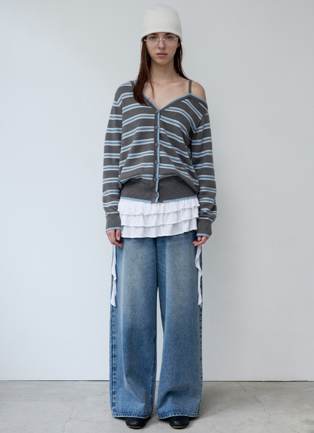 One Off Shoulder Stripe Cardigan Grey
