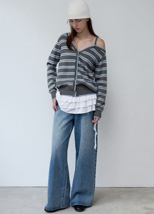 One Off Shoulder Stripe Cardigan Grey