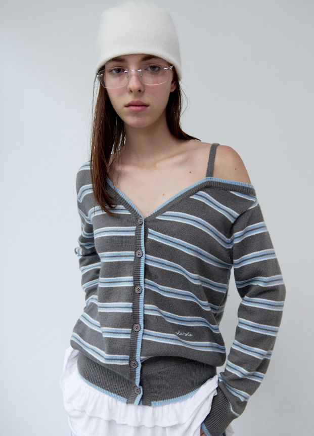 One Off Shoulder Stripe Cardigan Grey