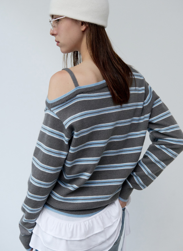 One Off Shoulder Stripe Cardigan Grey