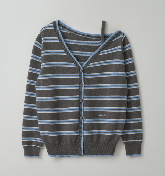 One Off Shoulder Stripe Cardigan Grey