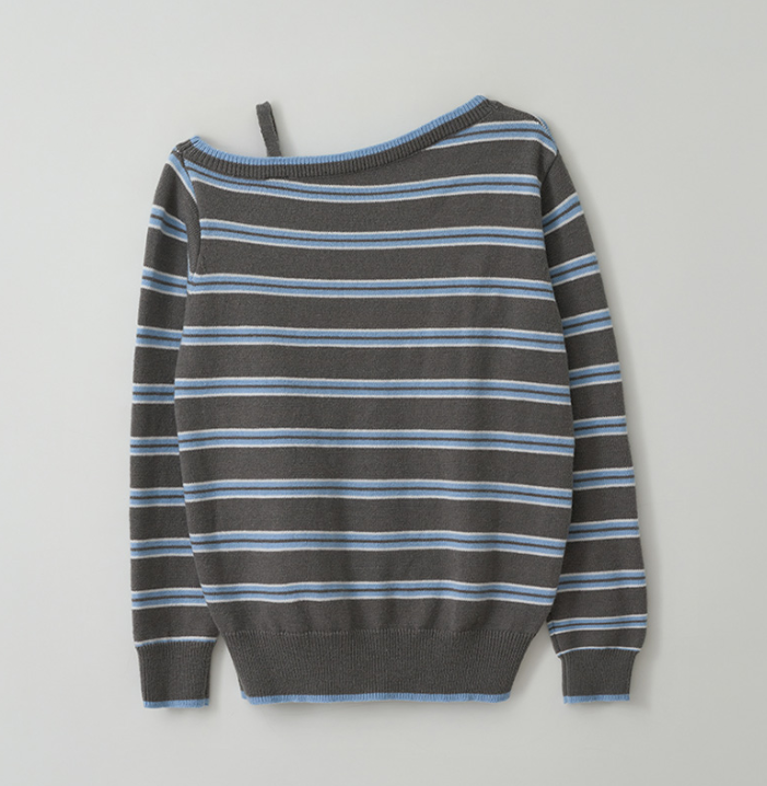 One Off Shoulder Stripe Cardigan Grey