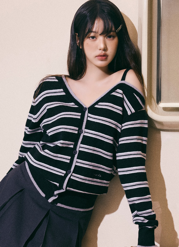 One Off Shoulder Stripe Cardigan Black
