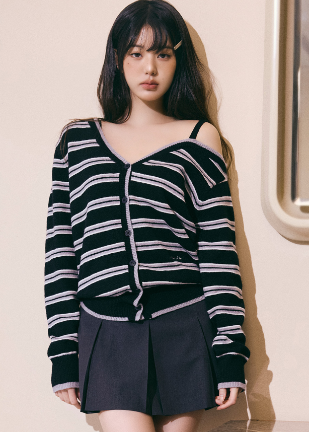 One Off Shoulder Stripe Cardigan Black