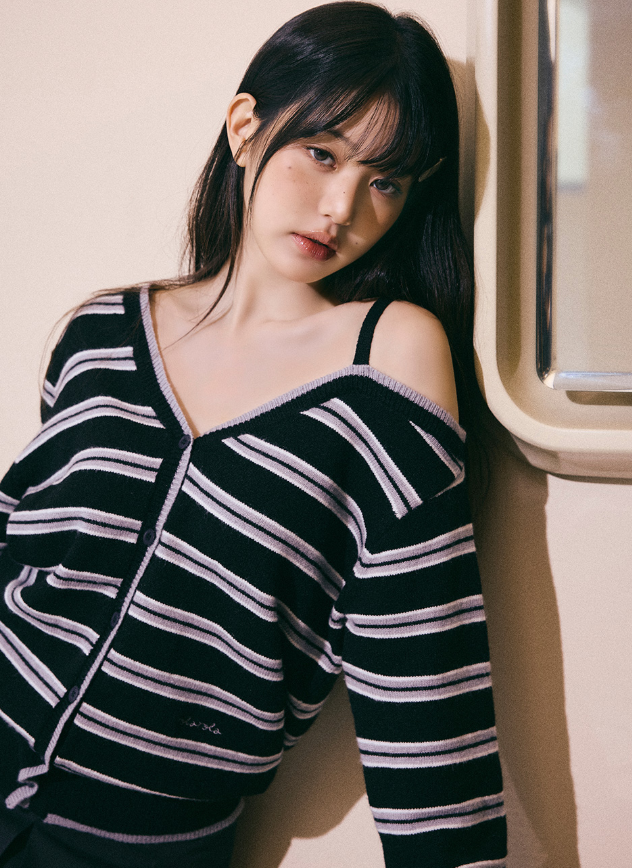 One Off Shoulder Stripe Cardigan Black