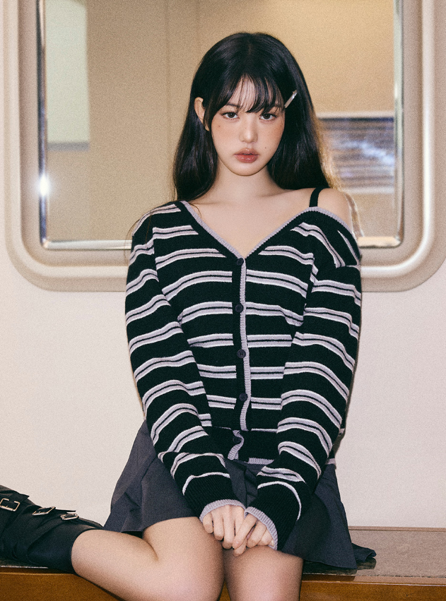 One Off Shoulder Stripe Cardigan Black