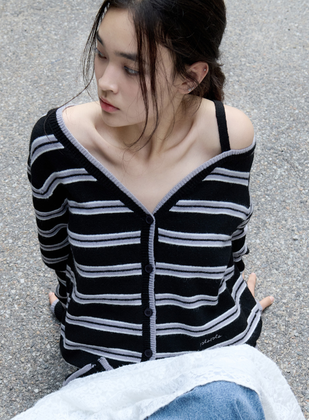 One Off Shoulder Stripe Cardigan Black