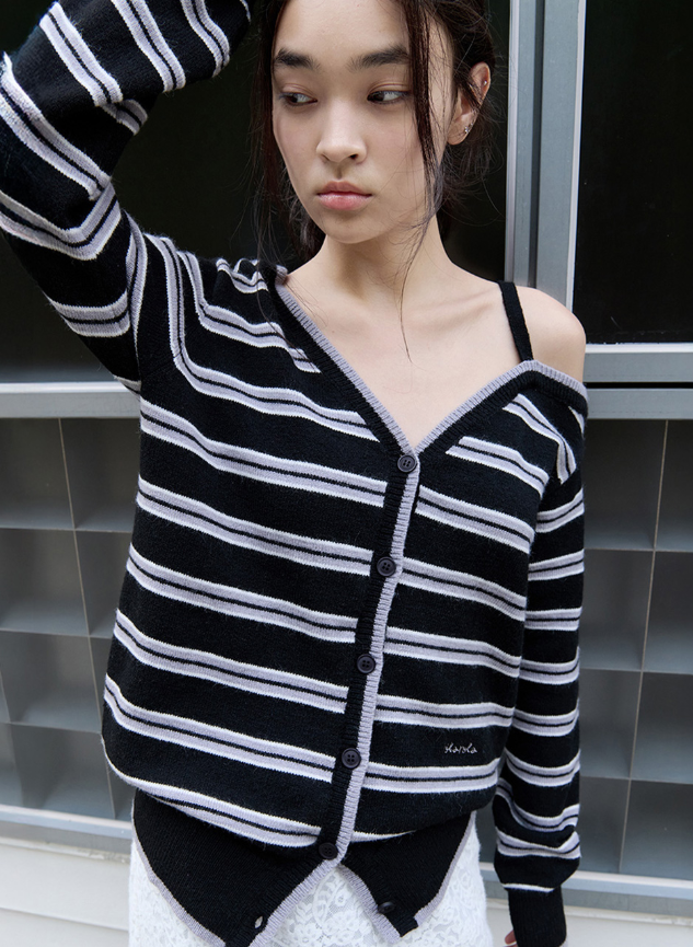 One Off Shoulder Stripe Cardigan Black