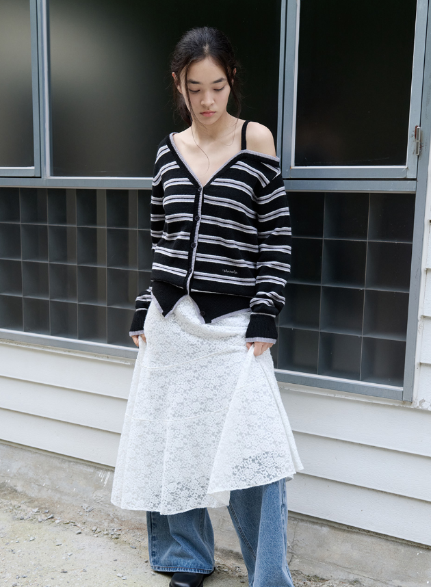 One Off Shoulder Stripe Cardigan Black