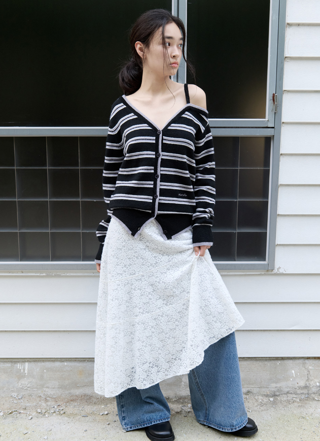 One Off Shoulder Stripe Cardigan Black