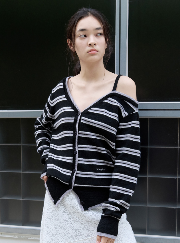 One Off Shoulder Stripe Cardigan Black