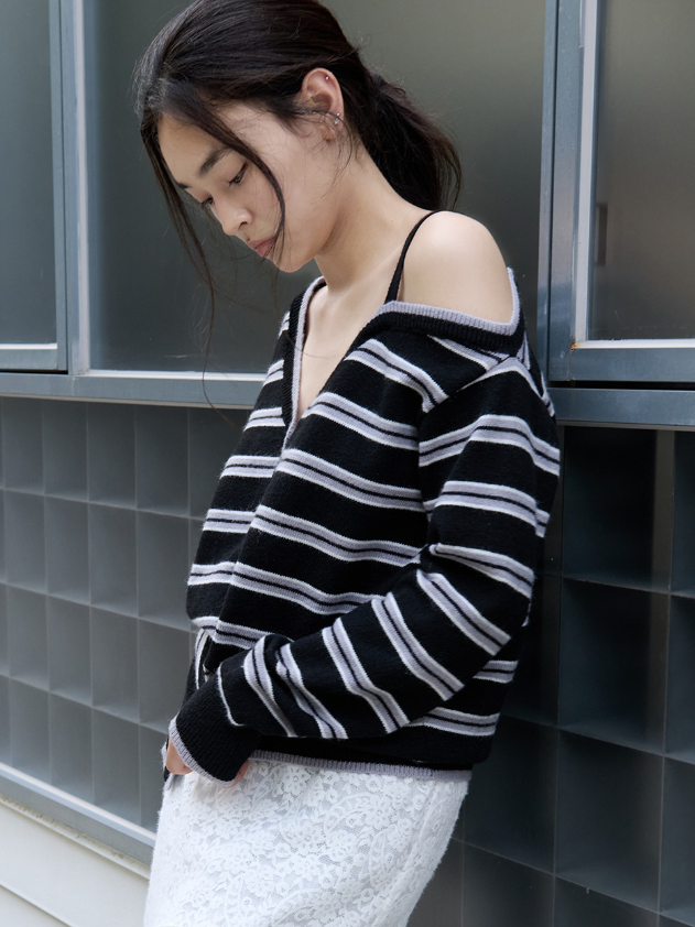 One Off Shoulder Stripe Cardigan Black